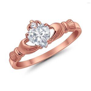 (Size 9) Rose Gold Sterling Silver Claddagh Heart CZ Promise/Wedding Ring